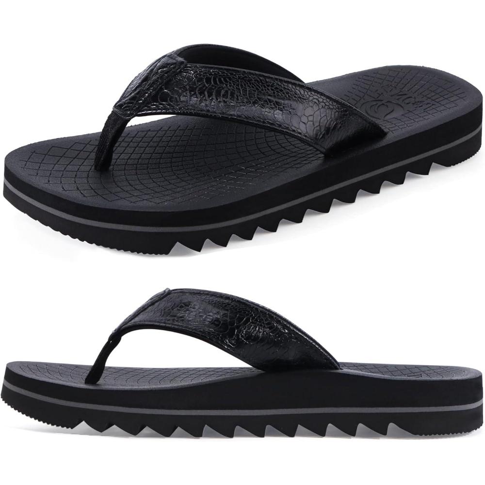 imageONCAI Flip Flops for Men Mens Summer Beach Sandals with Faux Leather Straps and Comfort Cushion Yoga Mat Arch Support Non Slip Soles US Size 715Black
