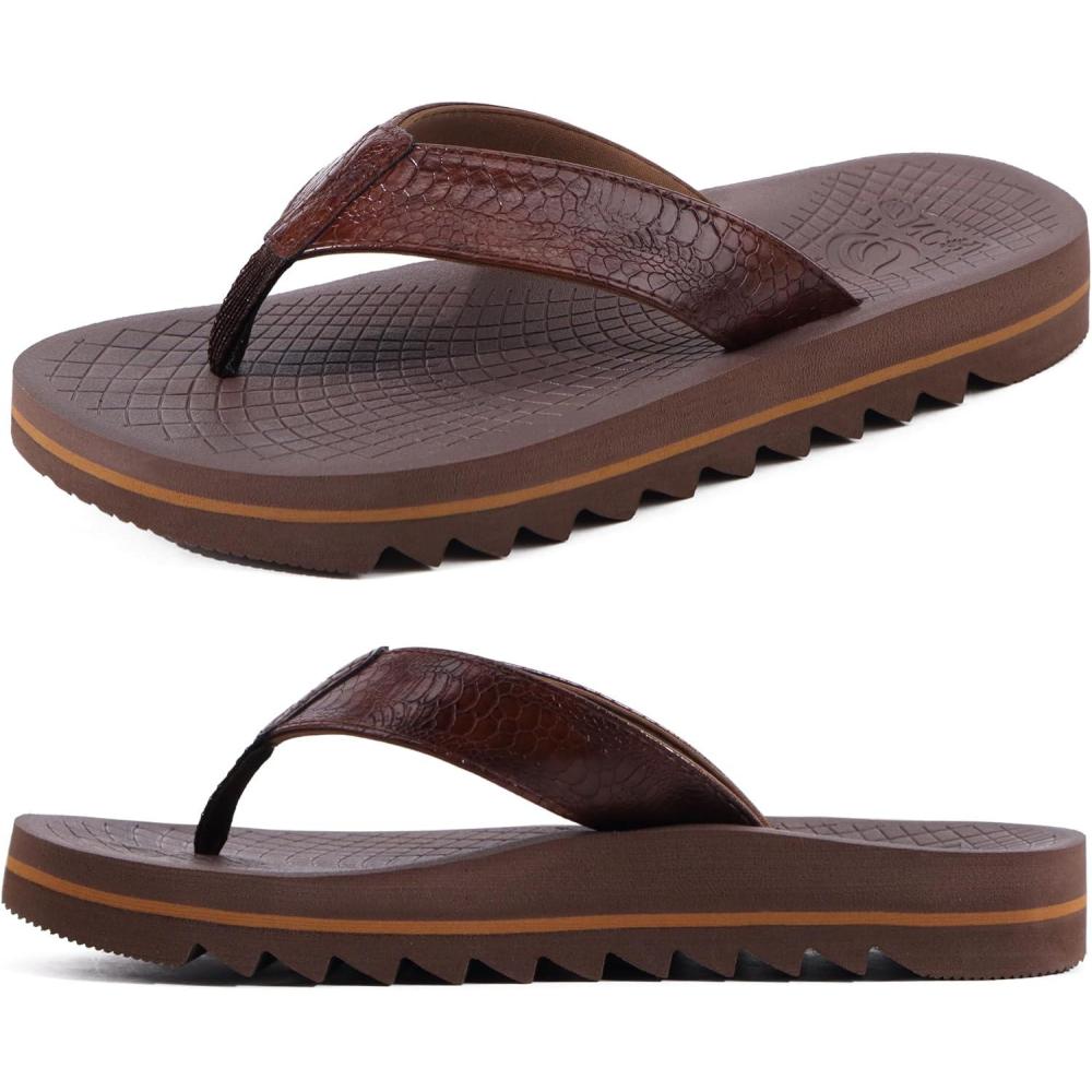 imageONCAI Flip Flops for Men Mens Summer Beach Sandals with Faux Leather Straps and Comfort Cushion Yoga Mat Arch Support Non Slip Soles US Size 715Dark Brown