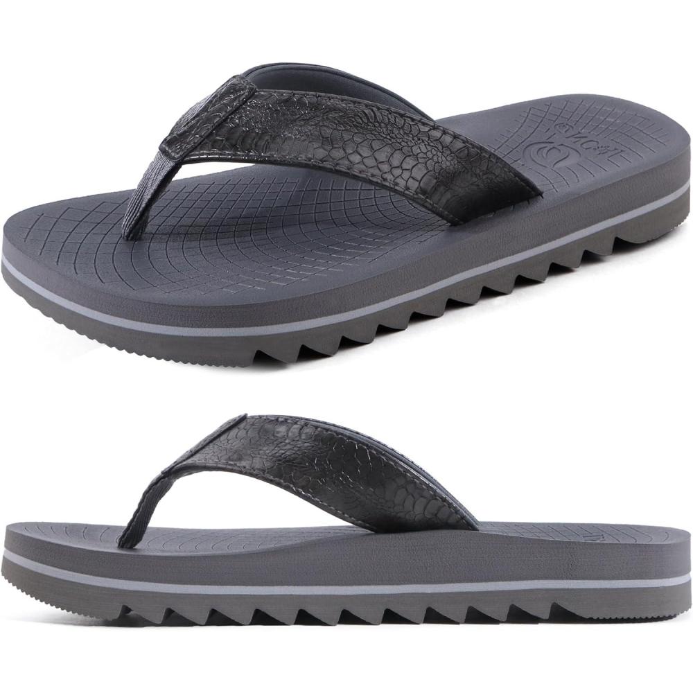imageONCAI Flip Flops for Men Mens Summer Beach Sandals with Faux Leather Straps and Comfort Cushion Yoga Mat Arch Support Non Slip Soles US Size 715Dark Grey
