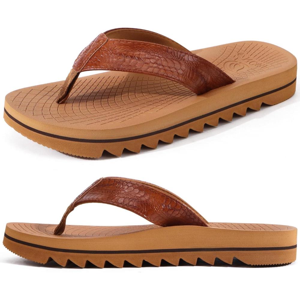 imageONCAI Flip Flops for Men Mens Summer Beach Sandals with Faux Leather Straps and Comfort Cushion Yoga Mat Arch Support Non Slip Soles US Size 715Khaki