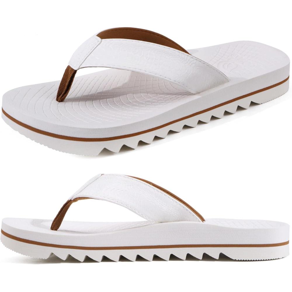 imageONCAI Flip Flops for Men Mens Summer Beach Sandals with Faux Leather Straps and Comfort Cushion Yoga Mat Arch Support Non Slip Soles US Size 715White