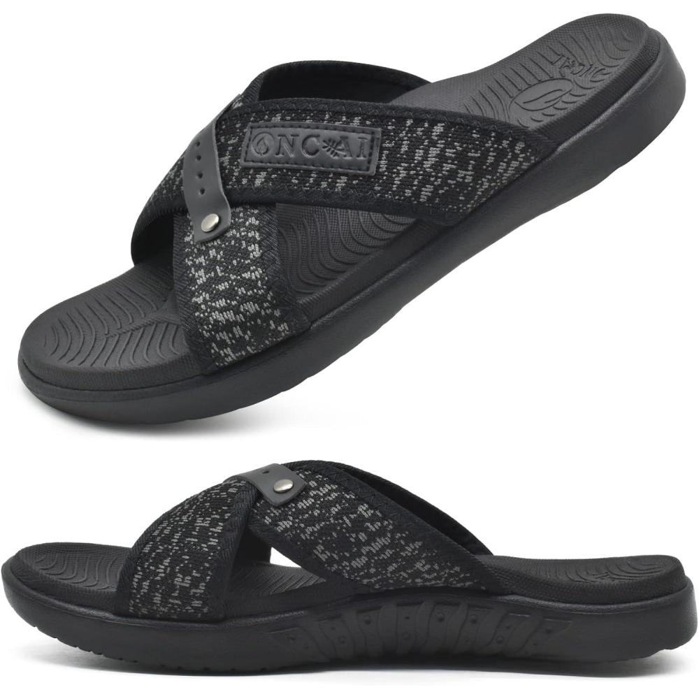 imageONCAI Mens Criss Cross SandalsArch Support Recovery Sport Slippers Slides with Plantar Fasciitis Orthotic FootbedBlack