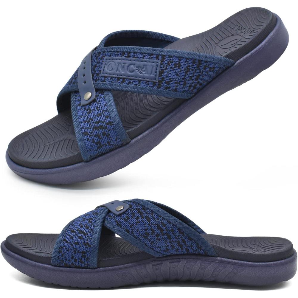 imageONCAI Mens Criss Cross SandalsArch Support Recovery Sport Slippers Slides with Plantar Fasciitis Orthotic FootbedBlue