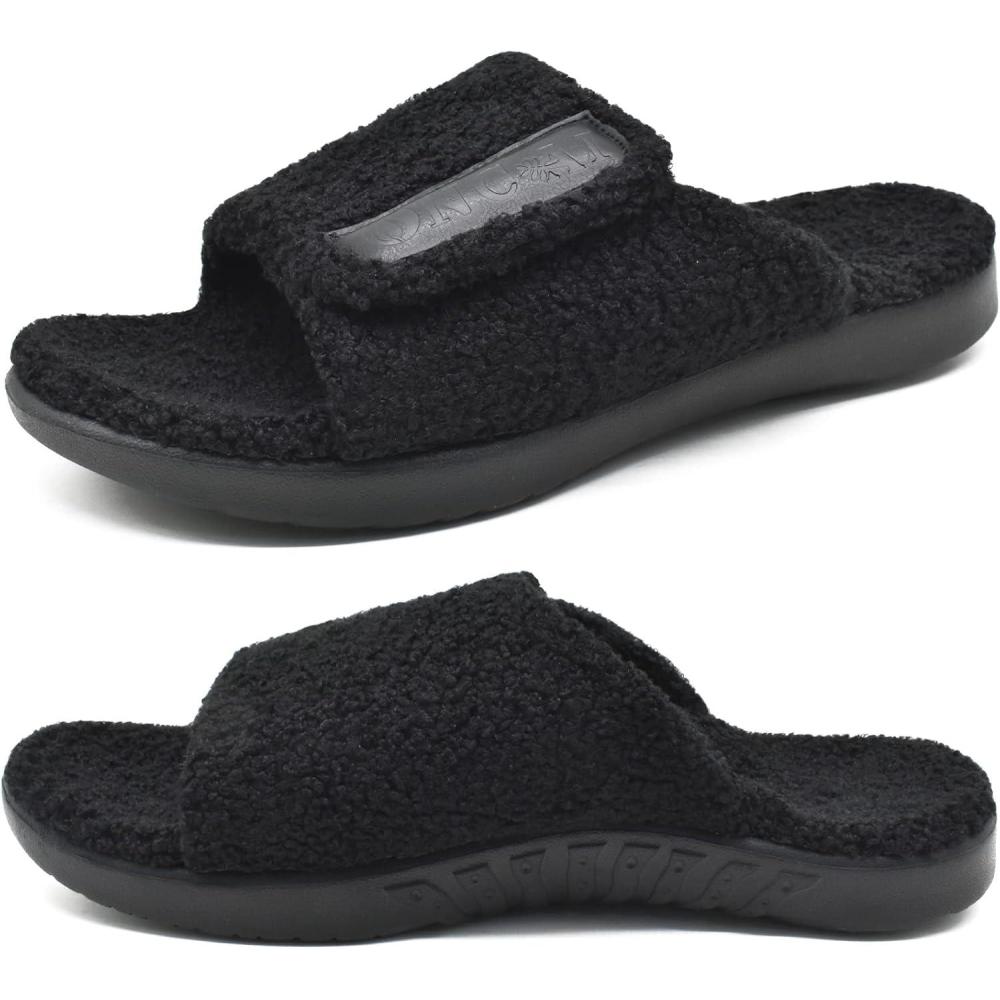 imageONCAI Mens House Slippers with Arch SupportFur Slides with Orthopedic for Plantar Fasciitis Wide Footbed and Adjustable Straps Size 7515Fluff Black