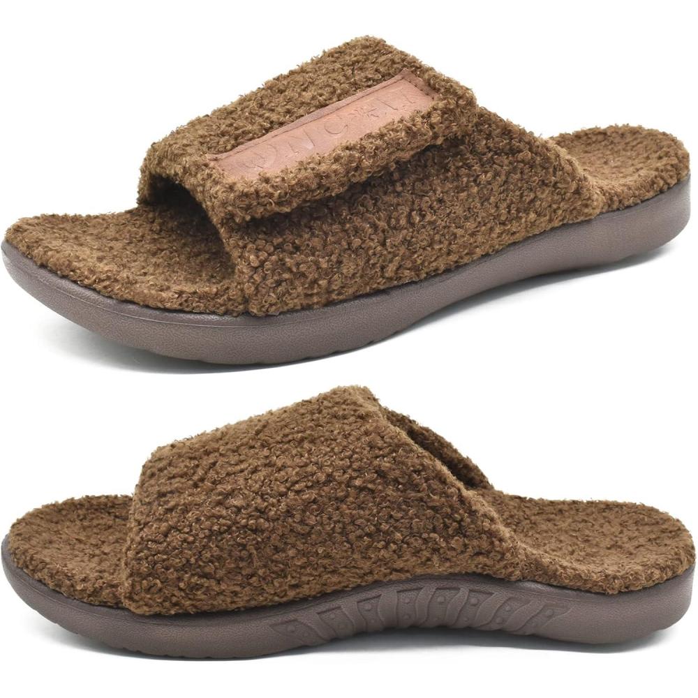 imageONCAI Mens House Slippers with Arch SupportFur Slides with Orthopedic for Plantar Fasciitis Wide Footbed and Adjustable Straps Size 7515Fluff Brown