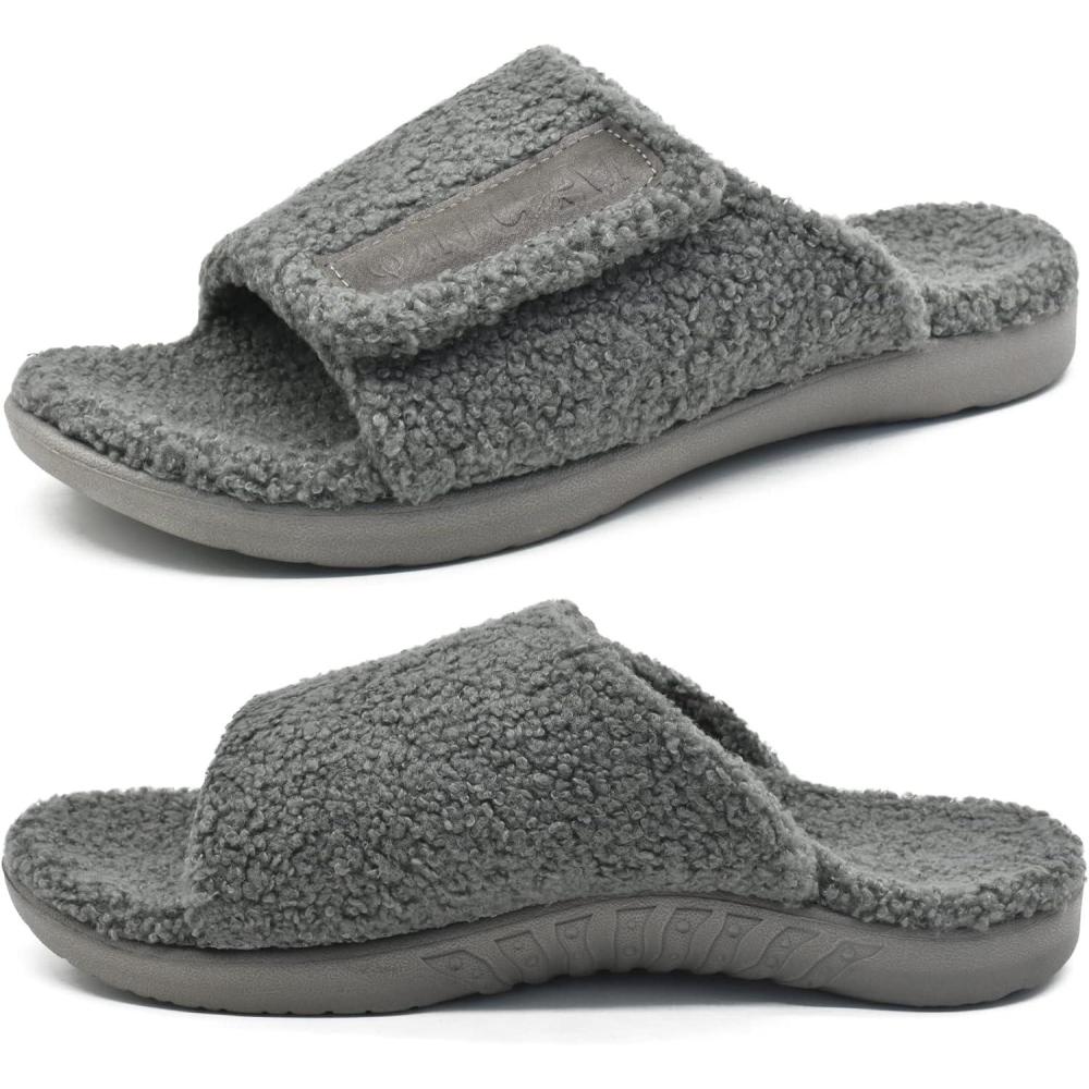 imageONCAI Mens House Slippers with Arch SupportFur Slides with Orthopedic for Plantar Fasciitis Wide Footbed and Adjustable Straps Size 7515Fluff Grey