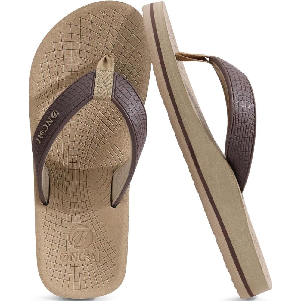 imageONCAI Mens Rubber Flip Flops Trendy Summer Beach Pool Shower Sandals with Yoga Mat Nonslip Outdoor Cushion SolesBrownBeige