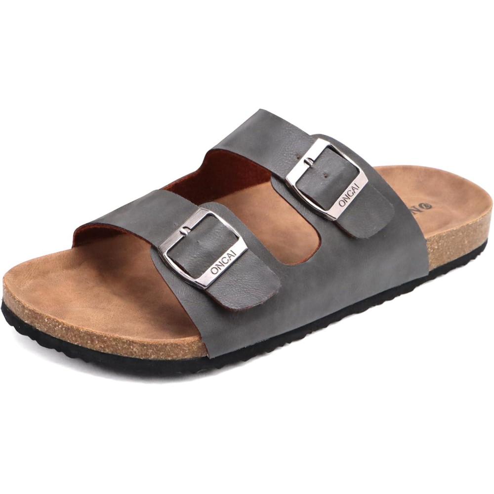 imageONCAI Mens SandalsBeach Slides Cork Footbed Slippers with Adjustable Buckle Straps Size 713Dark Grey