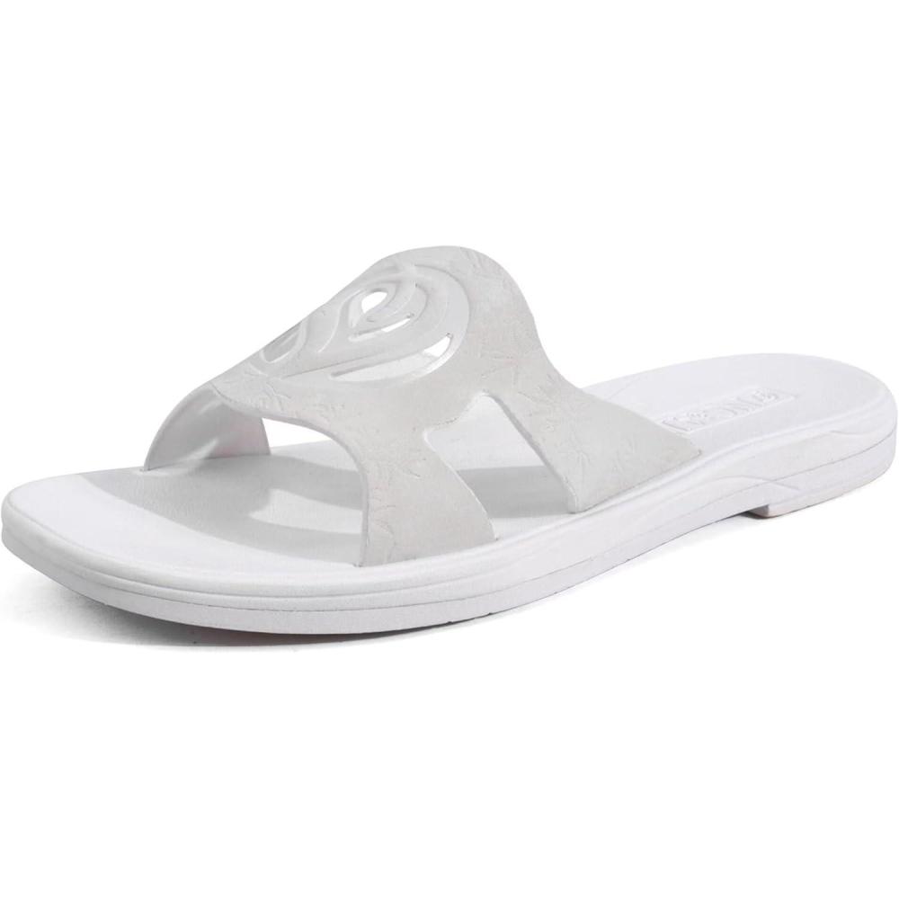 imageONCAI Slides for WomensFlat Dressy Square Toe Summer Beach Sandals for Woman with Comfortable Nonslip Rubber Soles Size 611Allwhite