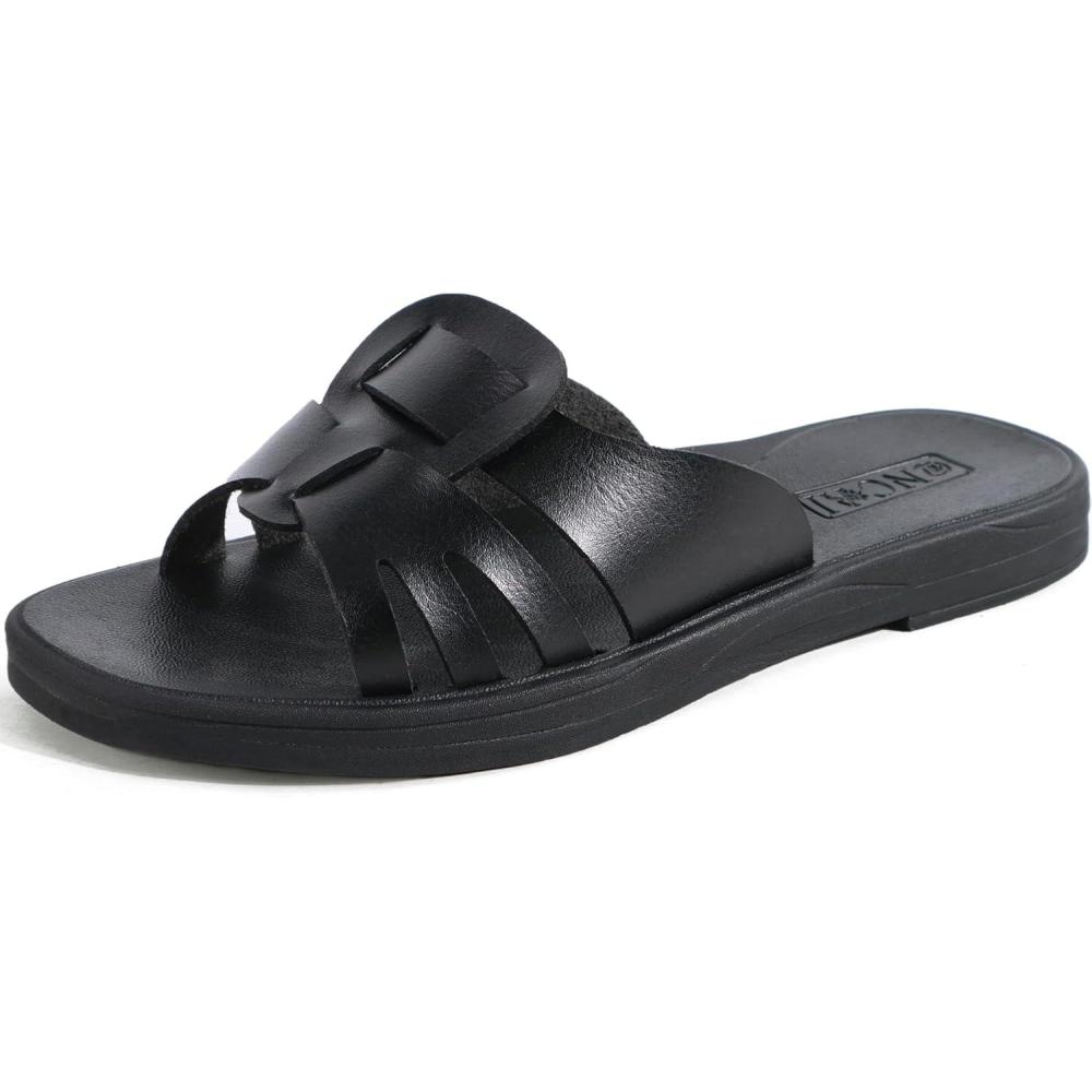 imageONCAI Slides for WomensFlat Dressy Square Toe Summer Beach Sandals for Woman with Comfortable Nonslip Rubber Soles Size 611Blackruns Small  Size Up