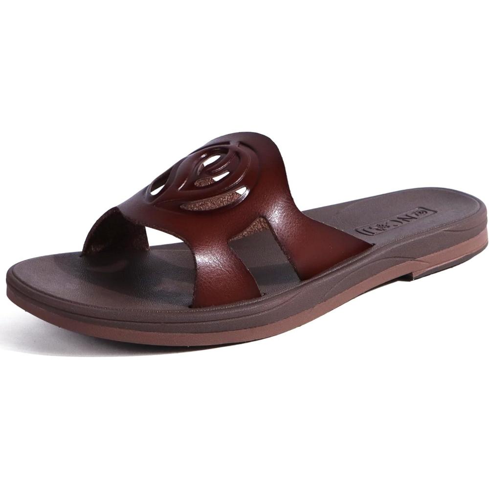 imageONCAI Slides for WomensFlat Dressy Square Toe Summer Beach Sandals for Woman with Comfortable Nonslip Rubber Soles Size 611Fashion Brown