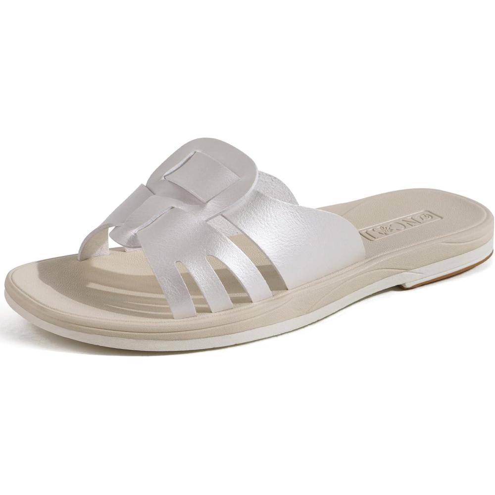 imageONCAI Slides for WomensFlat Dressy Square Toe Summer Beach Sandals for Woman with Comfortable Nonslip Rubber Soles Size 611Pearly Whiteruns Small  Size Up