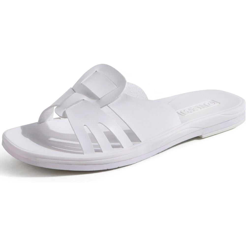 imageONCAI Slides for WomensFlat Dressy Square Toe Summer Beach Sandals for Woman with Comfortable Nonslip Rubber Soles Size 611Whiteruns Small  Size Up