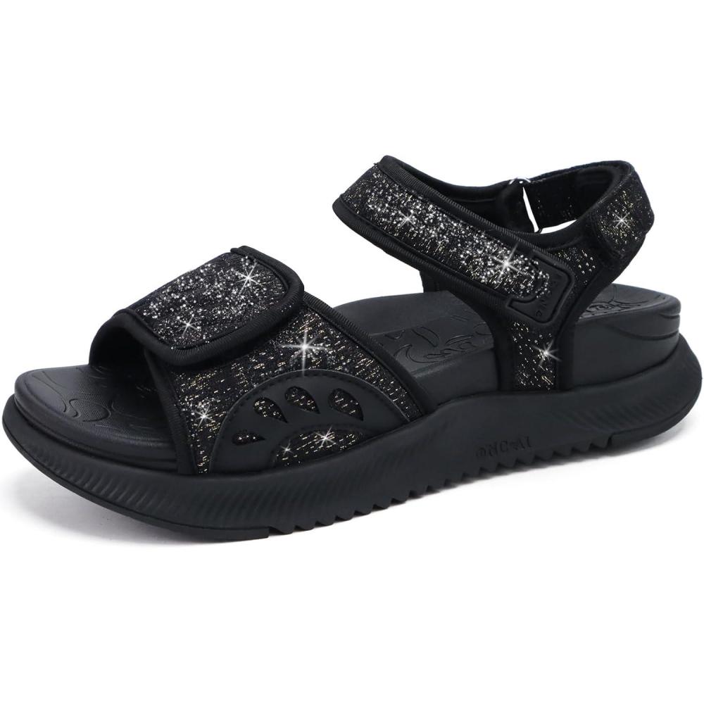 imageONCAI Walking Sandals WomenArch Support Hiking Sandals with Orthotic Outdoor Footbed for Plantar FasciitisWater Athletic Platform Sandalias Mujer with 3 Adjustable Strap US Size 612Glitter Black
