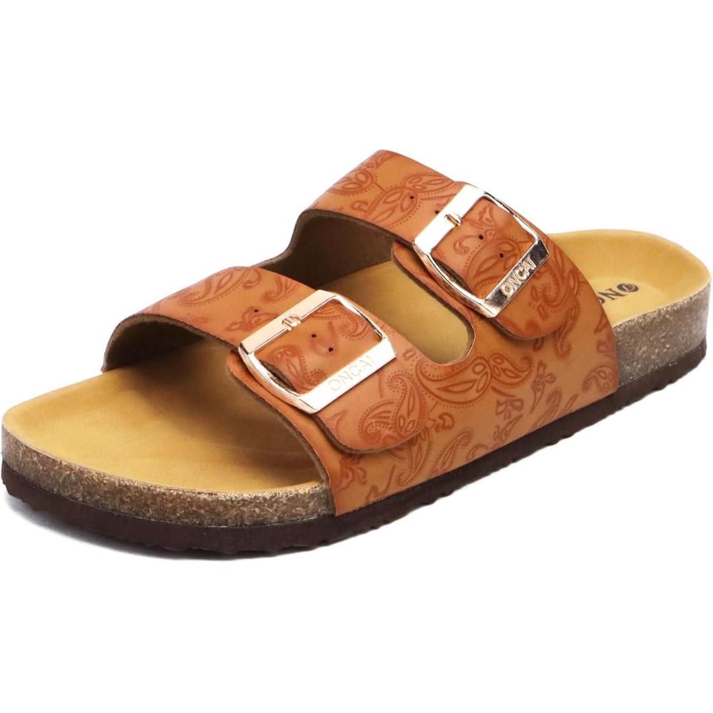 imageONCAI Womens Flat Slide Sandals with Arch Support 2 Strap Adjustable Buckle Slip on Slides Shoes Non Slip Rubber SoleTan Floral