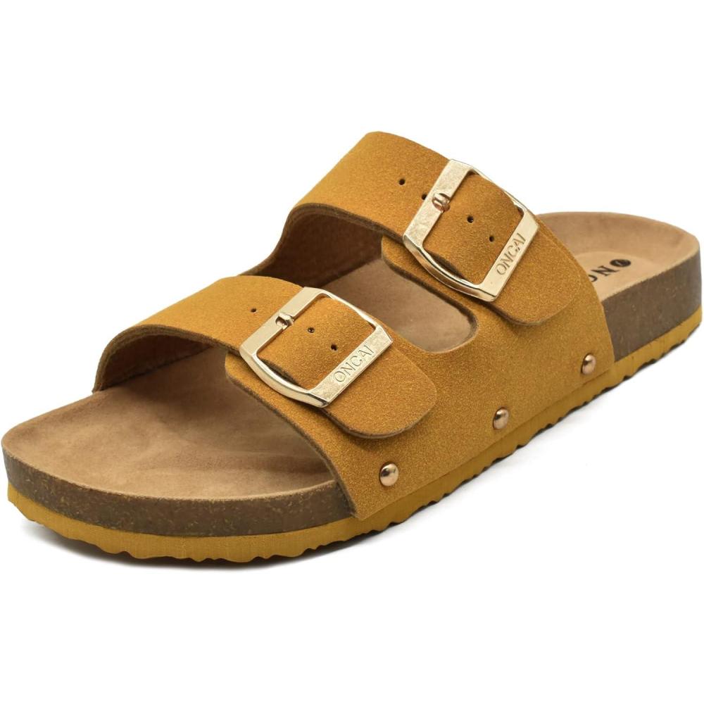 imageONCAI Womens Flat Slide Sandals with Arch Support 2 Strap Adjustable Buckle Slip on Slides Shoes Non Slip Rubber SoleYellow