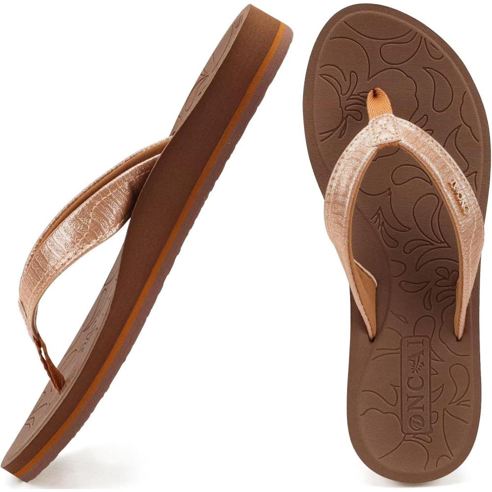 imageONCAI Womens Flip Flops Comfortable Summer Beach Thong Sandals for Women with Cushion Walking Arch Support Yoga Mat Indoor Outdoor SolesGoldBrown