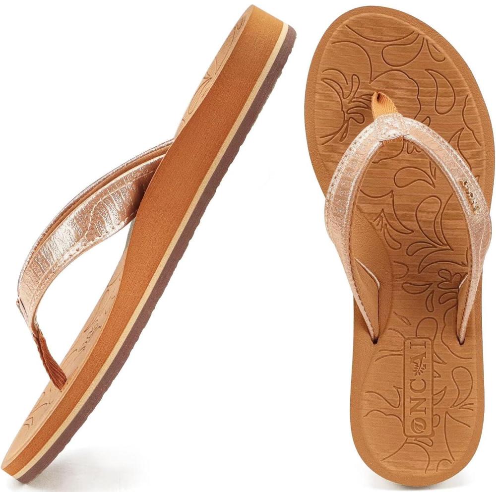 imageONCAI Womens Flip Flops Comfortable Summer Beach Thong Sandals for Women with Cushion Walking Arch Support Yoga Mat Indoor Outdoor SolesGoldKhaki
