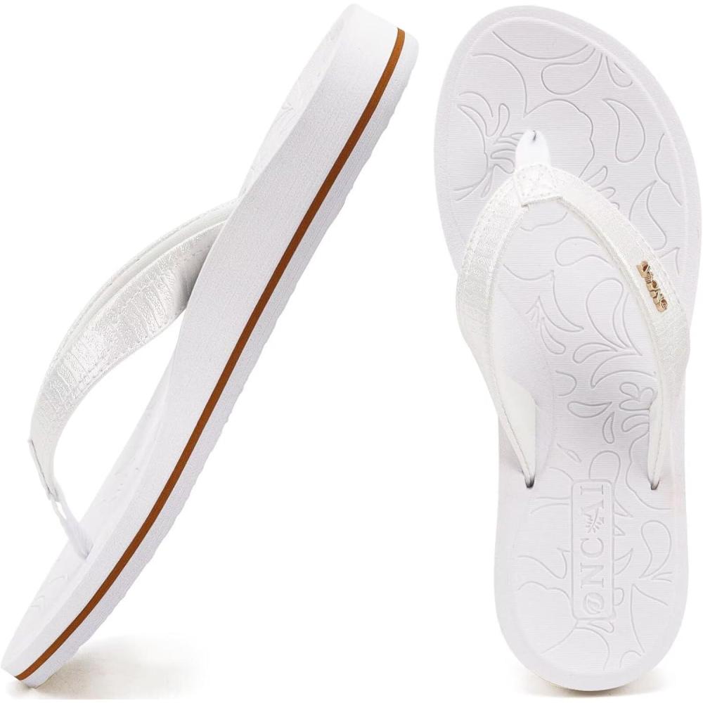 imageONCAI Womens Flip Flops Comfortable Summer Beach Thong Sandals for Women with Cushion Walking Arch Support Yoga Mat Indoor Outdoor SolesWhiteGold