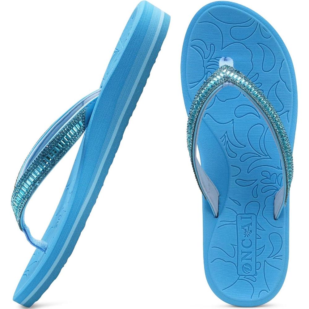 imageONCAI Womens Flip Flops with Rhinestone Arch Support Yoga Mat Comfort Walking Summer Beach Thong Sandals with Plantar Fasciitis Rubber Soles US Size 511Light Blue