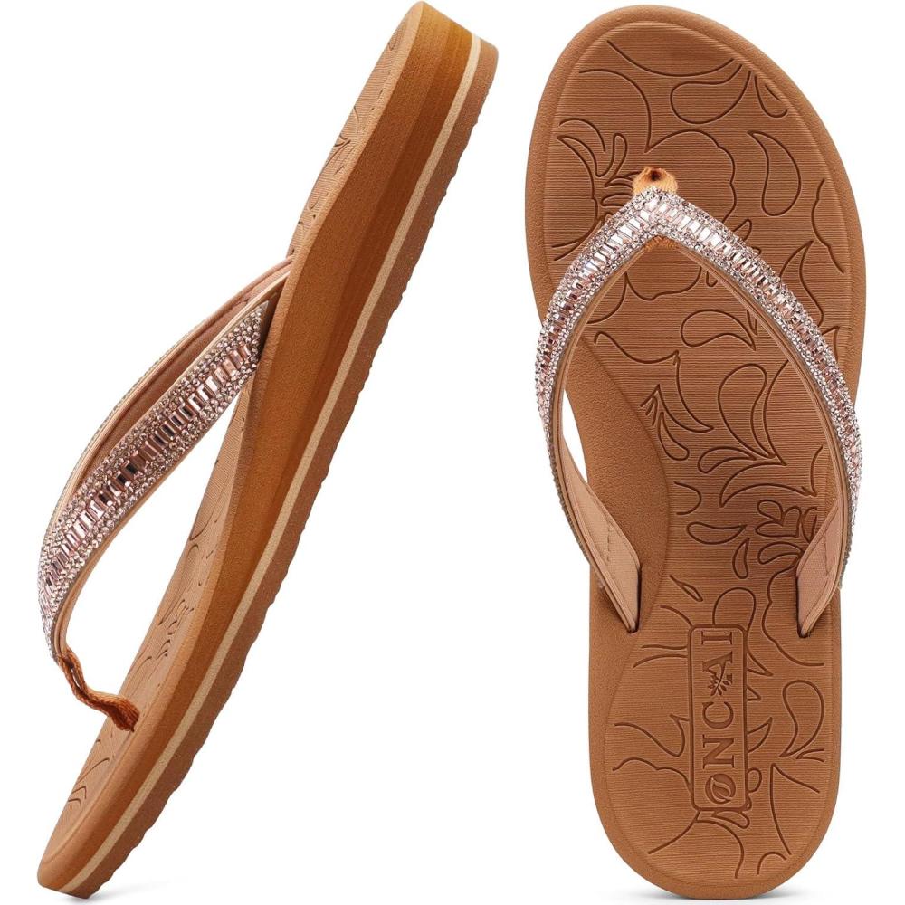 imageONCAI Womens Flip Flops with Rhinestone Arch Support Yoga Mat Comfort Walking Summer Beach Thong Sandals with Plantar Fasciitis Rubber Soles US Size 511Khaki
