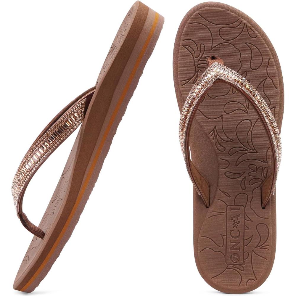 imageONCAI Womens Flip Flops with Rhinestone Arch Support Yoga Mat Comfort Walking Summer Beach Thong Sandals with Plantar Fasciitis Rubber Soles US Size 511Brown