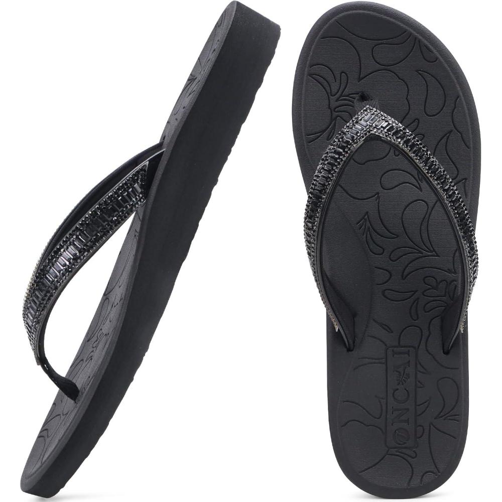 imageONCAI Womens Flip Flops with Rhinestone Arch Support Yoga Mat Comfort Walking Summer Beach Thong Sandals with Plantar Fasciitis Rubber Soles US Size 511Black