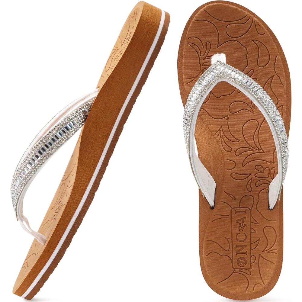 imageONCAI Womens Flip Flops with Rhinestone Arch Support Yoga Mat Comfort Walking Summer Beach Thong Sandals with Plantar Fasciitis Rubber Soles US Size 511WhiteKhaki