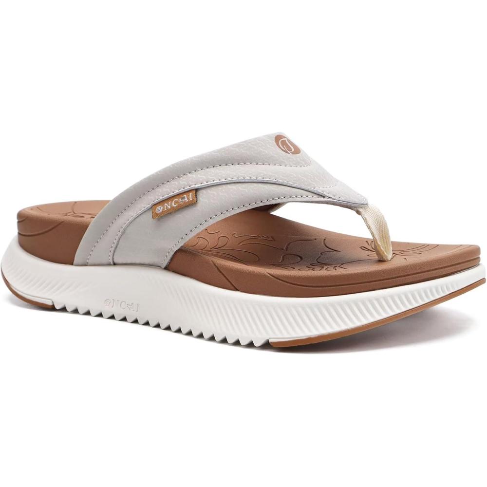 imageONCAI Womens Orthotic Cushion Flip Flops Recovery Walking Sandals for Women with Arch Support Summer Comfortable Slip On Flip Flops for Womans Size 612KhakiWhite
