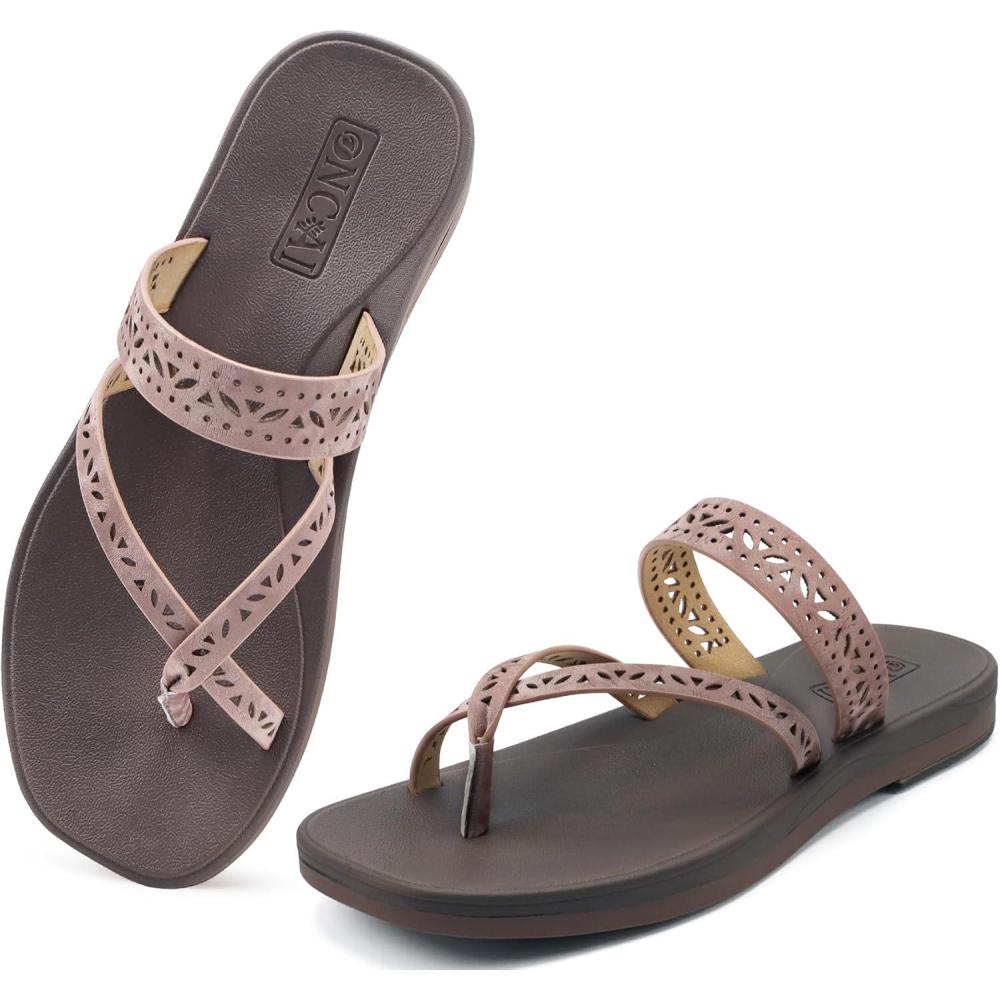 imageONCAI Womens Slide Sandals Trendy Square Summer Flat Dressy Sandals for Women 2025 Cross Strappy Open SplitToe Ring with Slipon Rubber SolesFashion Brown