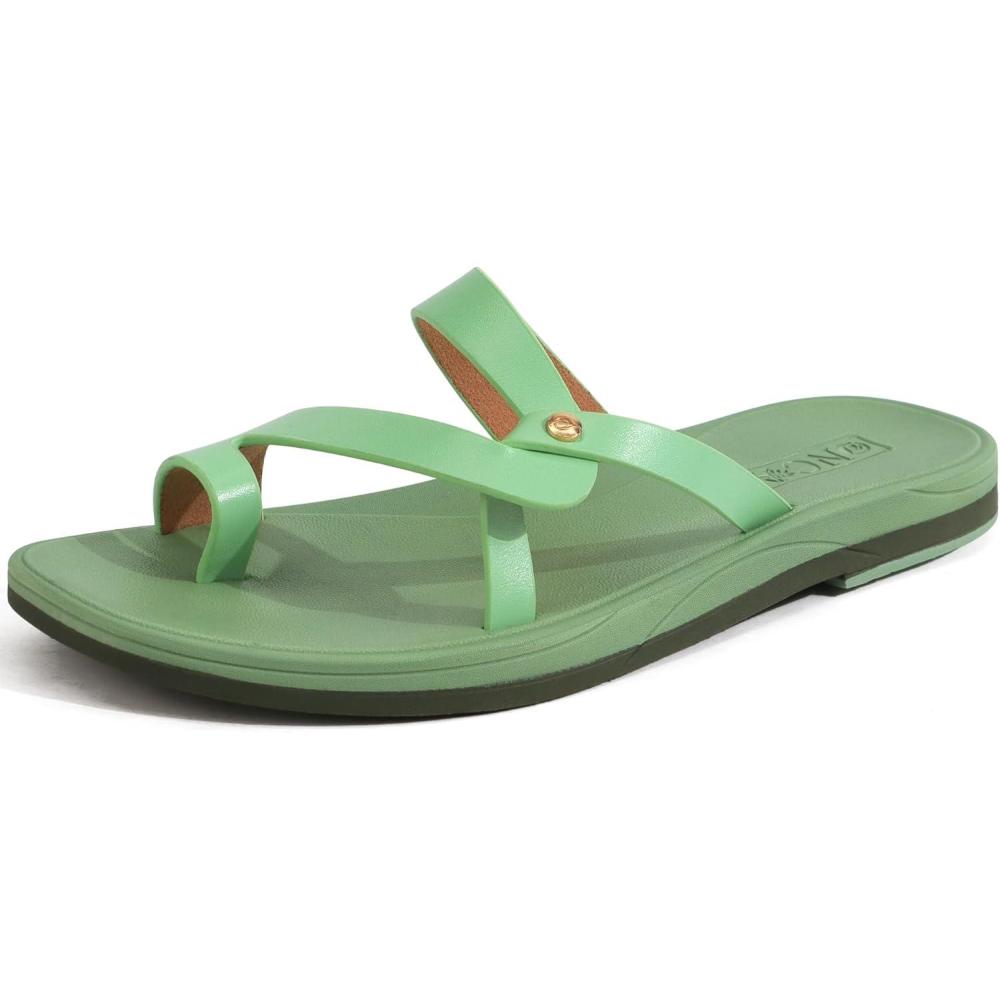 imageONCAI Womens Slide Sandals Trendy Square Summer Flat Dressy Sandals for Women 2025 Cross Strappy Open SplitToe Ring with Slipon Rubber SolesGreenrun Small size Up