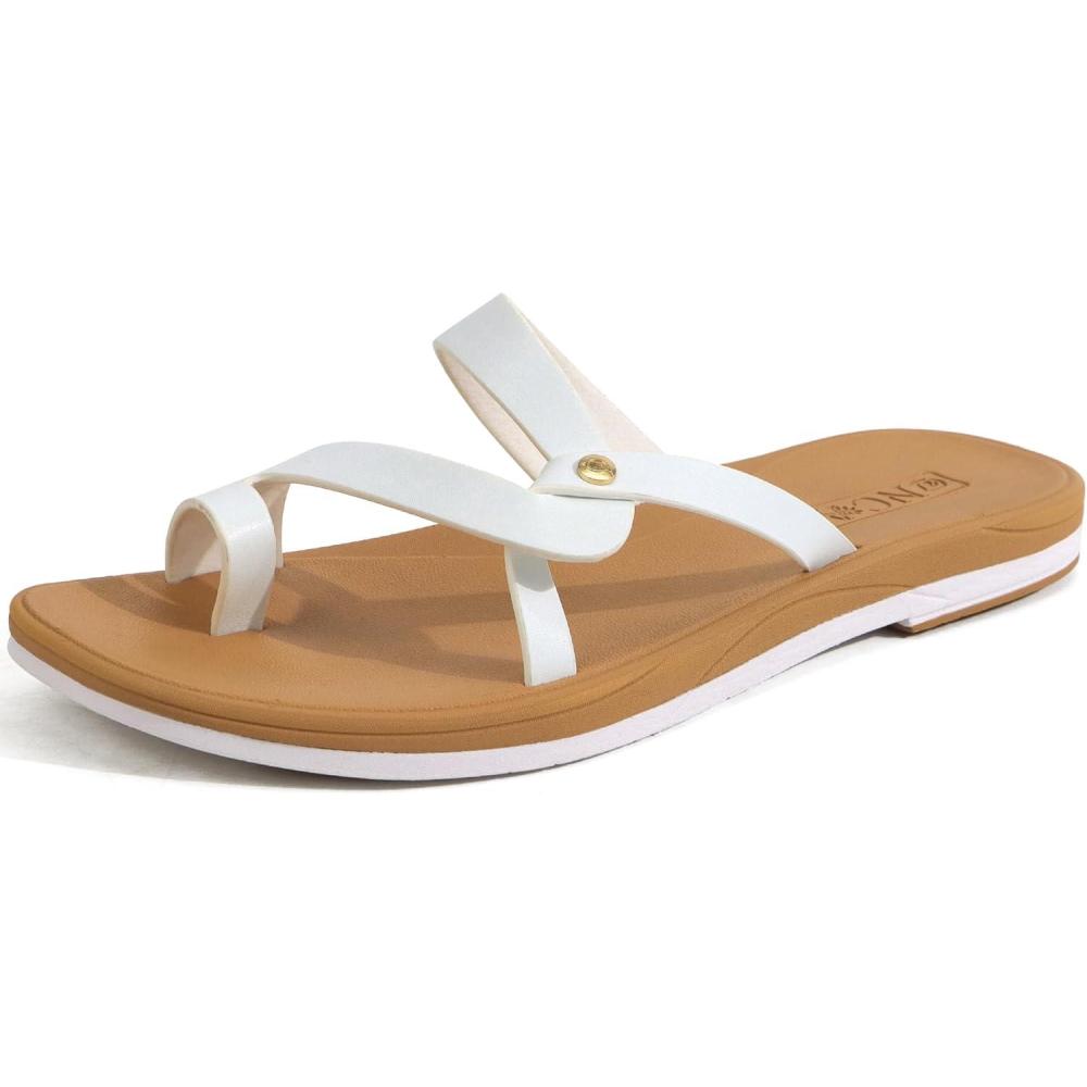 imageONCAI Womens Slide Sandals Trendy Square Summer Flat Dressy Sandals for Women 2025 Cross Strappy Open SplitToe Ring with Slipon Rubber SolesWhite Khakirun Small size Up