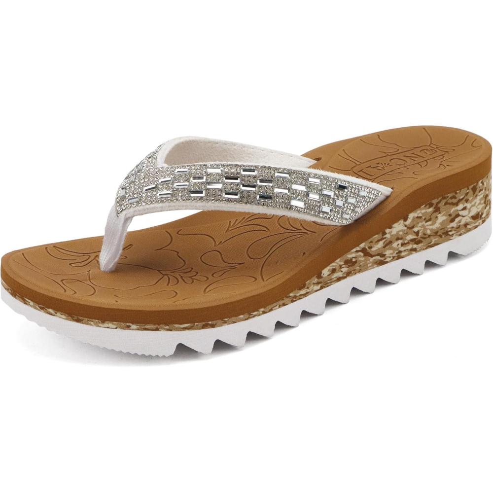 imageONCAI Womens Wedge Flip Flops with RhinestoneRecovery Dressy Walking Sandals for Women with Comfortable Arch Support Cushion Yoga Mat Summer Rubber SolesUS Size 511WhiteKhaki
