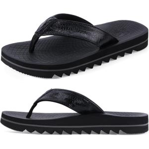 ONCAI Flip Flops for Men, Mens Summer Beach Sandals with Faux Leather Straps and Comfort Cushion Yoga Mat, Arch Support Non Slip Soles US Size 7-15(Black)