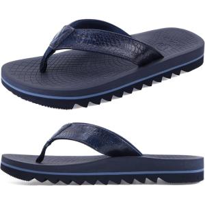 ONCAI Flip Flops for Men, Mens Summer Beach Sandals with Faux Leather Straps and Comfort Cushion Yoga Mat, Arch Support Non Slip Soles US Size 7-15(Dark Blue)