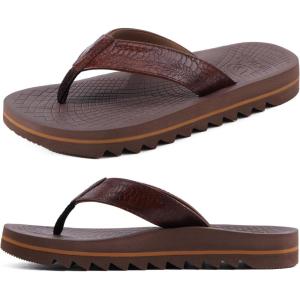 ONCAI Flip Flops for Men, Mens Summer Beach Sandals with Faux Leather Straps and Comfort Cushion Yoga Mat, Arch Support Non Slip Soles US Size 7-15(Dark Brown)