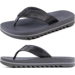 ONCAI Flip Flops for Men, Mens Summer Beach Sandals with Faux Leather Straps and Comfort Cushion Yoga Mat, Arch Support Non Slip Soles US Size 7-15(Dark Grey)
