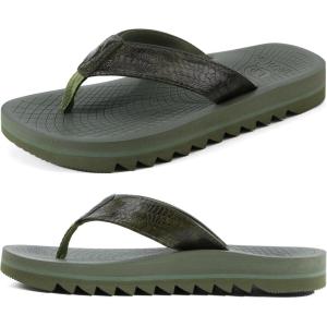 ONCAI Flip Flops for Men, Mens Summer Beach Sandals with Faux Leather Straps and Comfort Cushion Yoga Mat, Arch Support Non Slip Soles US Size 7-15(Dark Green)