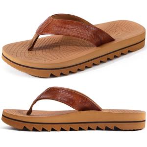 ONCAI Flip Flops for Men, Mens Summer Beach Sandals with Faux Leather Straps and Comfort Cushion Yoga Mat, Arch Support Non Slip Soles US Size 7-15(Khaki)