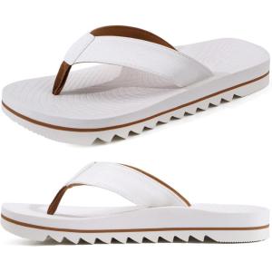 ONCAI Flip Flops for Men, Mens Summer Beach Sandals with Faux Leather Straps and Comfort Cushion Yoga Mat, Arch Support Non Slip Soles US Size 7-15(White)