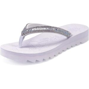 ONCAI Flip Flops for Women, Beach Thong Sandals Womens with Arch Support, Dressy Rhinestone Comfortable Yoga Mat and Non Slip Rubber Soles for Summer US Size 5-11(Silvery White)
