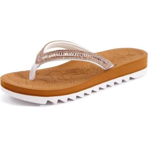 ONCAI Flip Flops for Women, Beach Thong Sandals Womens with Arch Support, Dressy Rhinestone Comfortable Yoga Mat and Non Slip Rubber Soles for Summer US Size 5-11(White/Khaki)