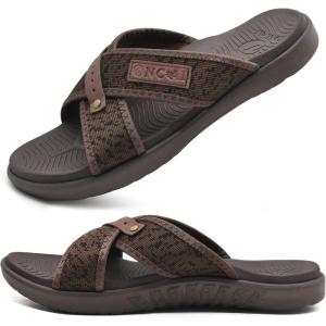ONCAI Mens Criss Cross Sandals,Arch Support Recovery Sport Slippers Slides with Plantar Fasciitis Orthotic Footbed(Brown)