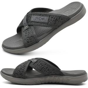 ONCAI Mens Criss Cross Sandals,Arch Support Recovery Sport Slippers Slides with Plantar Fasciitis Orthotic Footbed(Grey)
