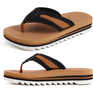 ONCAI Men’s Flip Flops with Arch Support Orthotic Cushion Recovery Walking Slide Sandals for Men with Platform Summer Comfortable Soft Rubber Soles（US Size 7-15）(Black/Khaki)
