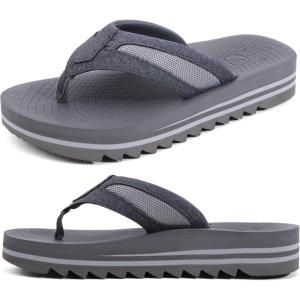 ONCAI Men’s Flip Flops with Arch Support Orthotic Cushion Recovery Walking Slide Sandals for Men with Platform Summer Comfortable Soft Rubber Soles（US Size 7-15）(Grey)