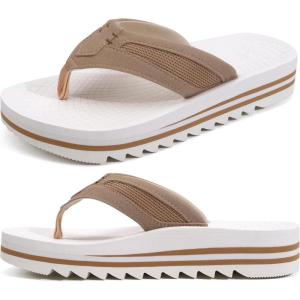 ONCAI Men’s Flip Flops with Arch Support Orthotic Cushion Recovery Walking Slide Sandals for Men with Platform Summer Comfortable Soft Rubber Soles（US Size 7-15）(Beige/White)