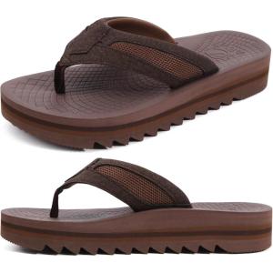 ONCAI Men’s Flip Flops with Arch Support Orthotic Cushion Recovery Walking Slide Sandals for Men with Platform Summer Comfortable Soft Rubber Soles（US Size 7-15）(Dark Brown)