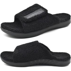 ONCAI Mens House Slippers with Arch Support，Fur Slides with Orthopedic for Plantar Fasciitis Wide Footbed and Adjustable Straps Size 7.5-15(Fluff Black)