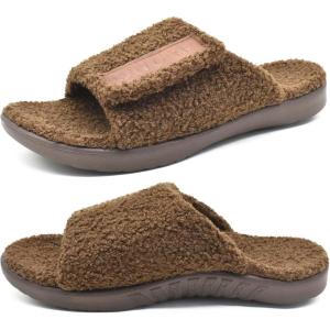 ONCAI Mens House Slippers with Arch Support，Fur Slides with Orthopedic for Plantar Fasciitis Wide Footbed and Adjustable Straps Size 7.5-15(Fluff Brown)